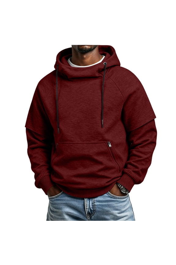 Men's Cowl Neck Layered Hoodie Side Zipper Kangaroo Pocket Raglan Long Sleeve Fleece Casual Street Sweatshirt Tops Red XXL