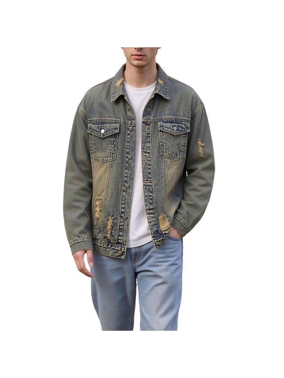 Men's Distressed Denim Jacket Ripped Design Button Down Casual Outer Coat for Retro Street Casual Dating City Stroll Spring Fall Wear Light Blue L