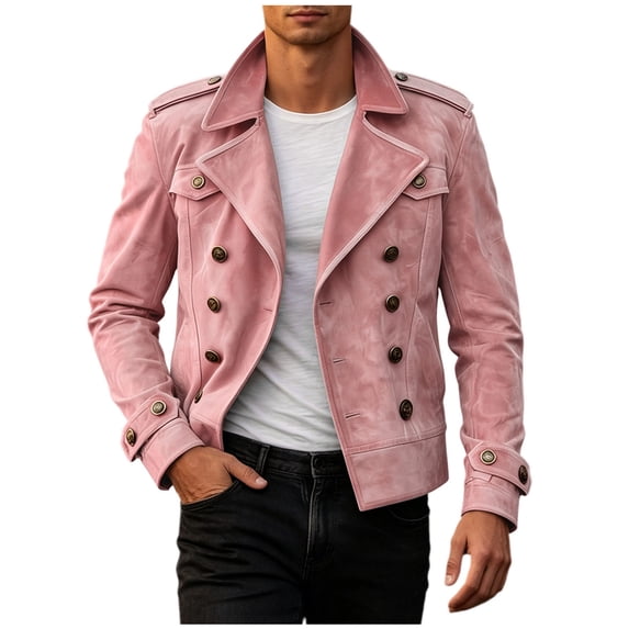 LMOIPLI Men's Double Breasted Lapel Suede Leather Jacket Epaulet Design Long Sleeve Vintage Formal Casual Blazer Coat Pink L