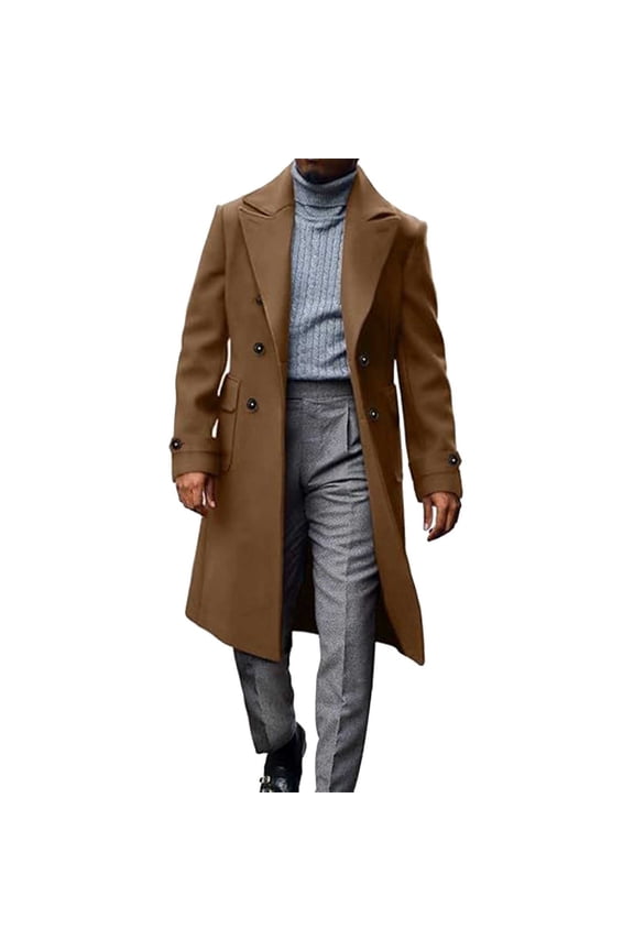 Men's Double Breasted Trench Coat Notch Lapel Collar Solid Color Coat Fall Winter Fashion Regular Fit Dress Jackets with Pocket Brown M