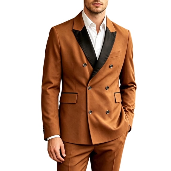 LMOIPLI Men's Double Breasted Tuxedo Suit Satin Peak Lapel Two Piece Blazer And Trouser Set Formal Outerwear For Wedding Guest Galas Evening Banquets & Prom Events Brown L