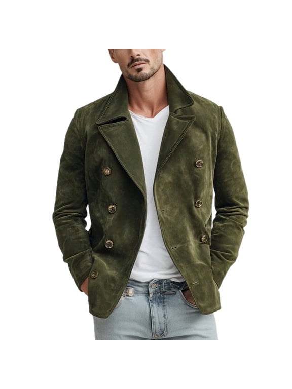 Men's Double Breasted Wide Lapel Suede Jacket Long Sleeve Loose Vintage Casual Business Blazer Outer Coat Army Green S