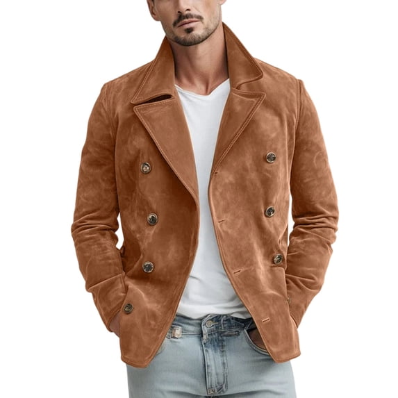 LMOIPLI Men's Double Breasted Wide Lapel Suede Jacket Long Sleeve Loose Vintage Casual Business Blazer Outer Coat Brown XL
