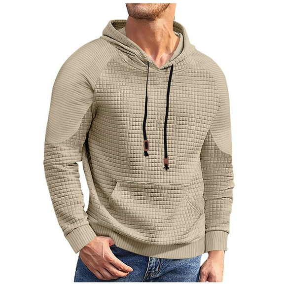 LMOIPLI Men's Drawstring Waffle Hoodie Pullover Lightweight Casual Sweatshirt Solid Color Long Sleeve Pullover with Pockets Khaki S