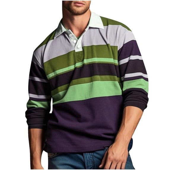 LMOIPLI Men's Fashion Long Sleeve Shirts Plus Size Color Block Cotton Pullover Top Casual Button Down Collared Golf Tshirt Purple XL