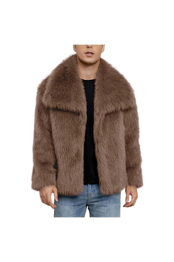 Men's Faux Fur Coats Open Front Fleece Long Sleeve Solid Color Jacket Warm Winter Fashion Casual Coats Brown M