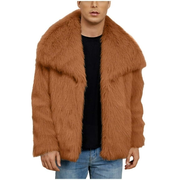 LMOIPLI Men's Faux Fur Coats Open Front Fleece Long Sleeve Solid Color Jacket Warm Winter Fashion Casual Coats Orange XXXL