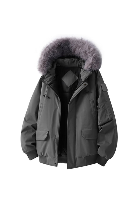 Men's Faux Fur Hooded Parkas Zipper Jacket Thickened Warm Padded Outdoor Coat Warm Winter Casual Coats with Pocket Gray XXXL