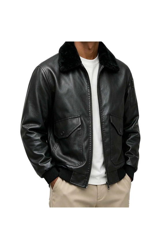 Men's Faux Leather Bomber Jacket With Fuzzy Shearling Collar Zip Front Multi Pocket Outerwear For Cold Evening Road Trips & Vintage Biker Outfits Black M