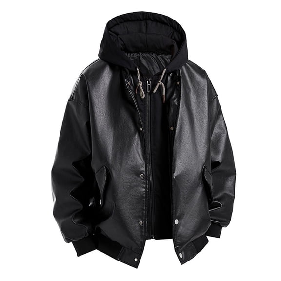 LMOIPLI Men's Faux Leather Hooded Jacket Solid Color Fashionable Long Sleeved Casual Coats Fall Winter Trendy Fake Two-piece Coat with Pocket Black L
