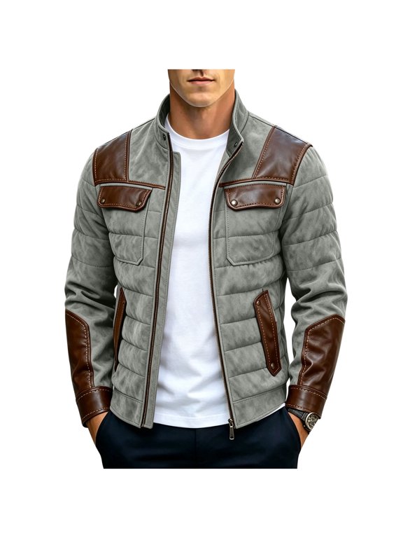 Men's Faux Suede Patchwork Leather Jacket, Quilted Stand‑Collared Long Sleeve Outerwear, Fall Winter Warm Casual Biker Coat for Men Gray M