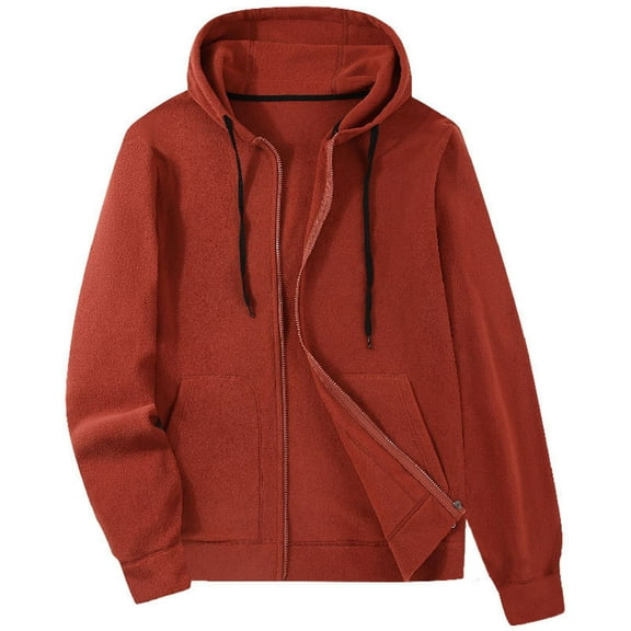 LMOIPLI Men's Fleece Drawstring Zipper Hooded Coats Long Sleeved Fashionable Casual Jacket Warm for Winter Outdoor with Pocket Red S