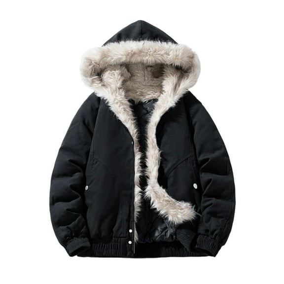 LMOIPLI Men's Fleece Hooded Soft Puffer Zipper Jacket Thicken Solid Color Long Sleeved Jacket Winter Warm Casual Fashion Parka Coats with Pockets Black L