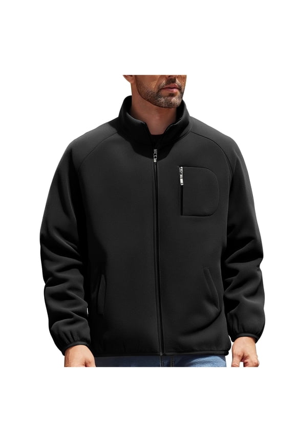 Men's Fleece Long Sleeved Zipper Coats Outwear Stand Collar Fashionable Casual Jacket Warm for Winter Outdoor with Pocket Black M