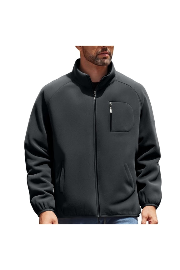 Men's Fleece Long Sleeved Zipper Coats Outwear Stand Collar Fashionable Casual Jacket Warm for Winter Outdoor with Pocket Gray M