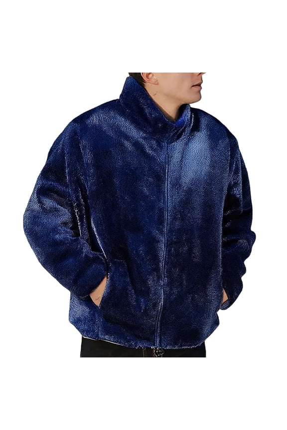 Men's Fleece Long Sleeved Zipper Coats Solid Color Stand Collar Fashionable Casual Jacket Warm for Winter Outdoor with Pocket Blue XXXXL
