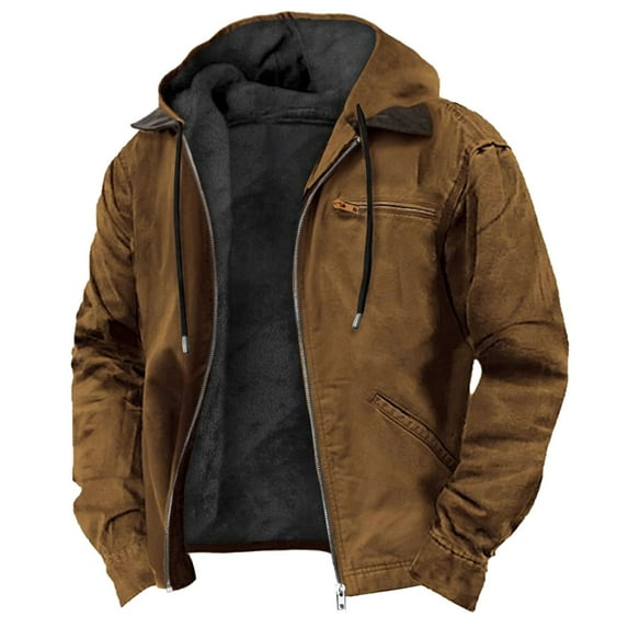 LMOIPLI Men's Fleece Thicken Long Sleeved Zipper Hooded Coats Fashionable Casual Jacket Warm for Winter Outdoor with Pocket Brown XL