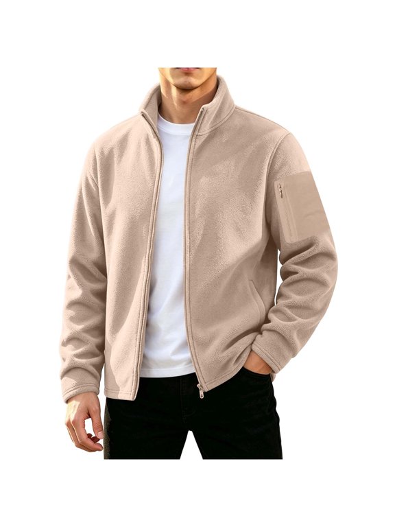 Men's Full Zip Stand Collar Fleece Jacket Arm Zipper Pocket Soft Light Thermal Layer For Early Morning Trail Hikes Indoor Gym Warm Ups & Cabin Lounge Wear Khaki XL