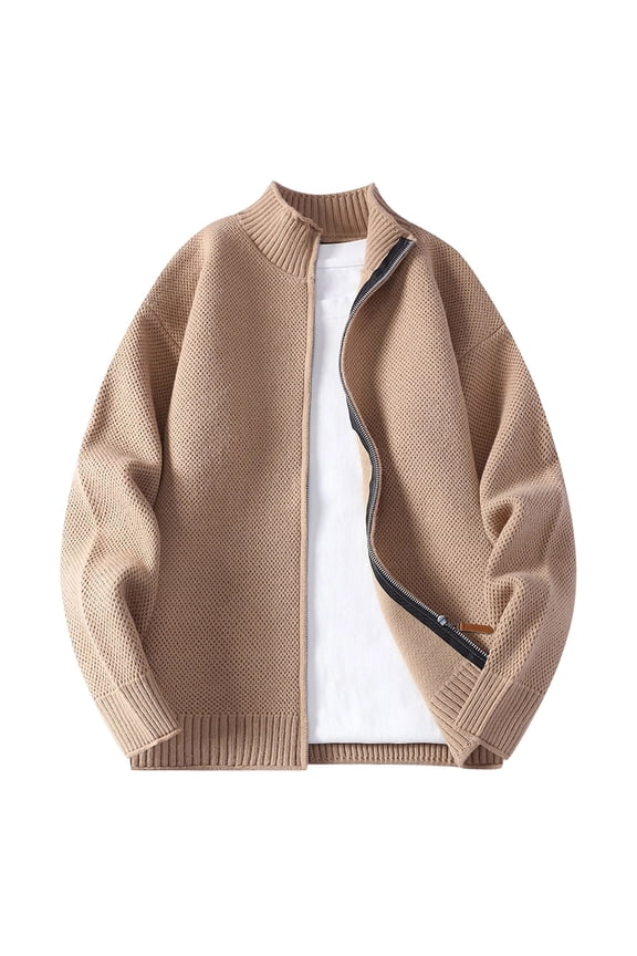 Men's Full Zipper Cardigan Coats Casual Long Sleeve Solid Color Ribbed Knitted Stand Collar Sweater Fall Winter Trendy Loose Jackets with Pocket Yellow M