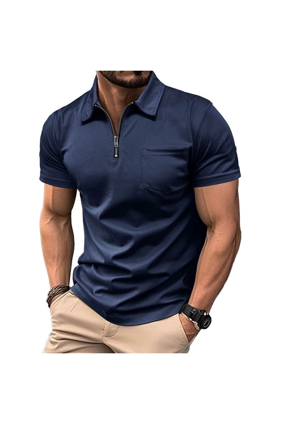 Men's Golf Shirts Classic Quarter Zipper Shirts Lapel Collar Pullover Tops Fashion Muscle Fit Athletic Tops Dark Blue XXL