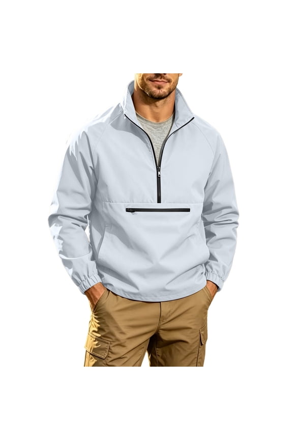 Men's Half Zip Stand Collar Anorak Jacket Multi Zipper Pocket Lightweight Windproof Outdoor Pullover Tops for Hiking Travel Gray XS