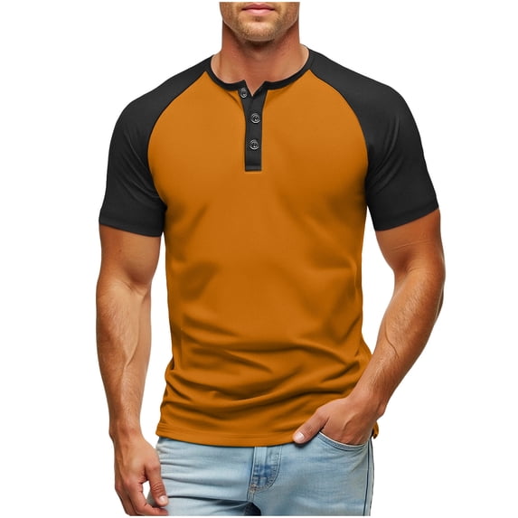 LMOIPLI Men's Henley Shirts Raglan Short Sleeve Casual Baseball Tees Summer Classic Color Block Workout T Shirts Orange L