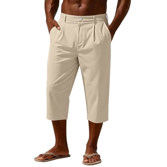 LMOIPLI Men's High Waist Button Detail Capri Pants Casual Loose 3/4 Length Trousers with Pockets Stretchy for Work Beige S