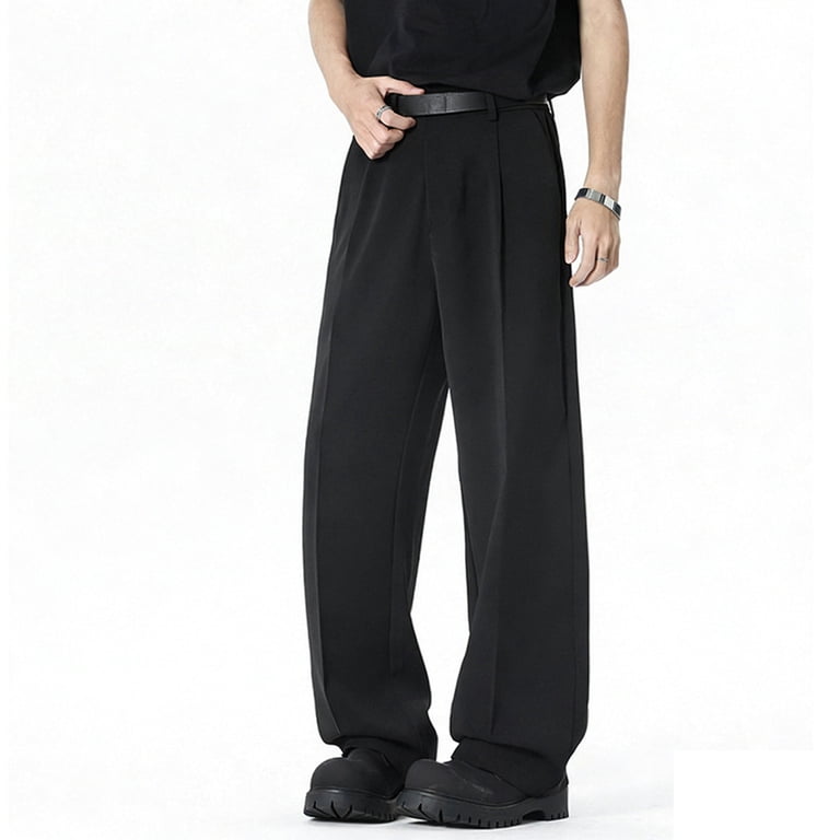 mens high waisted black dress pants Lmoipli Men's Waist Pleated Wide Leg Button Closure Casual Loose Straight Leg Trousers with Pockets for Work Xxxl, Size: 3XL colour_navyombre