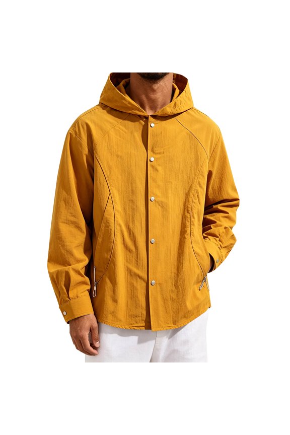 Men's Hooded Button Down Lightweight Jacket Long Sleeve Raglan Sleeve Casual Loose Windshirt Outdoor Daily Shirt Coat Orange S
