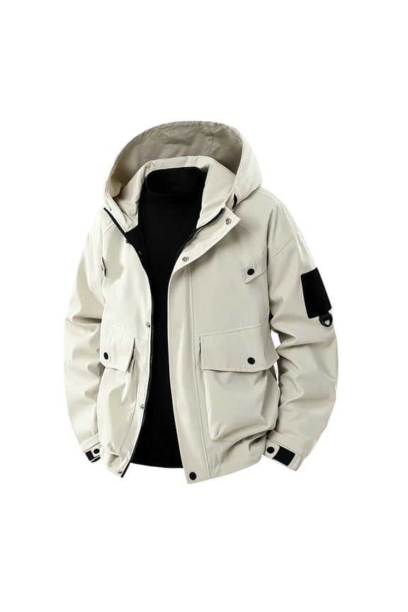Men's Hooded Cargo Utility Jacket Multi Snap Flap Pockets Adjustable Cuff Windproof Outerwear for Work Camping Street Daily Wear Beige XXXL
