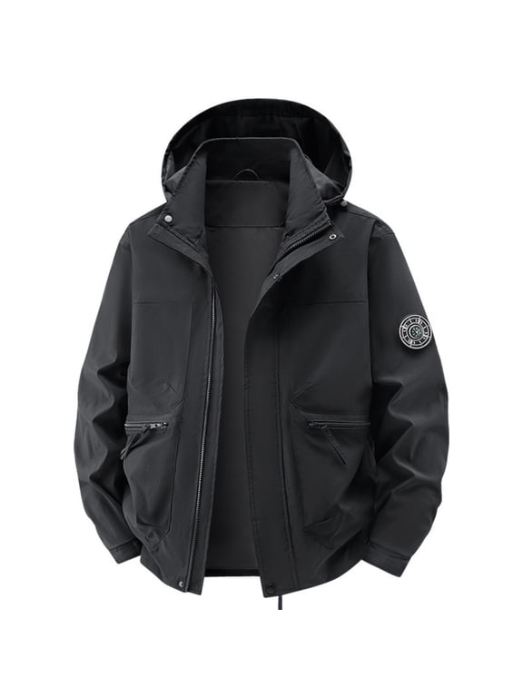 Men's Hooded Functional Outdoor Softshell Jacket, Waterproof Windproof Hiking Coat with Round Badge Logo, Adjustable Cuffs Utility Outerwear for Camping Fishing Travel Black XL