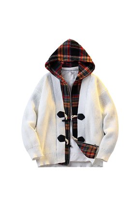 Men's Hooded Knit Cardigan Plaid‑Lined Toggle Button Zip‑Up Sweater Jacket Thick Relaxed‑Fit Warm Knit Outer Layer White M