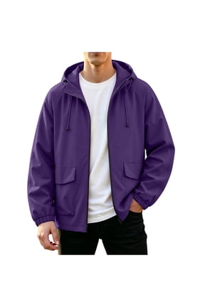 Men's Hooded Windproof Utility Jacket Multi Flap Pockets Lightweight Packable Woven Shell For Weekend Camping Trips Fishing Excursions & Urban Street Layering Purple M