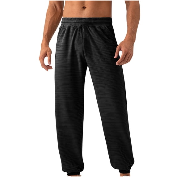 LMOIPLI Men's Jogger Pants Elastic Waist Breathable Fabric with Pockets Drawstring Closure Casual Wear for Running Hiking Relaxing Daily Black L