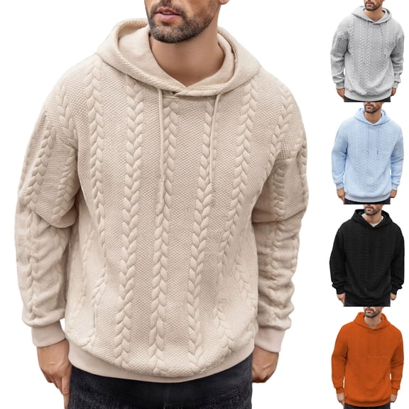 LMOIPLI Men's Knitted Jacquard Hooded Sweatshirts Long Sleeve Fashionable Sweatshirts Solid Color Crewneck Casual Pullover Tops Gray XS