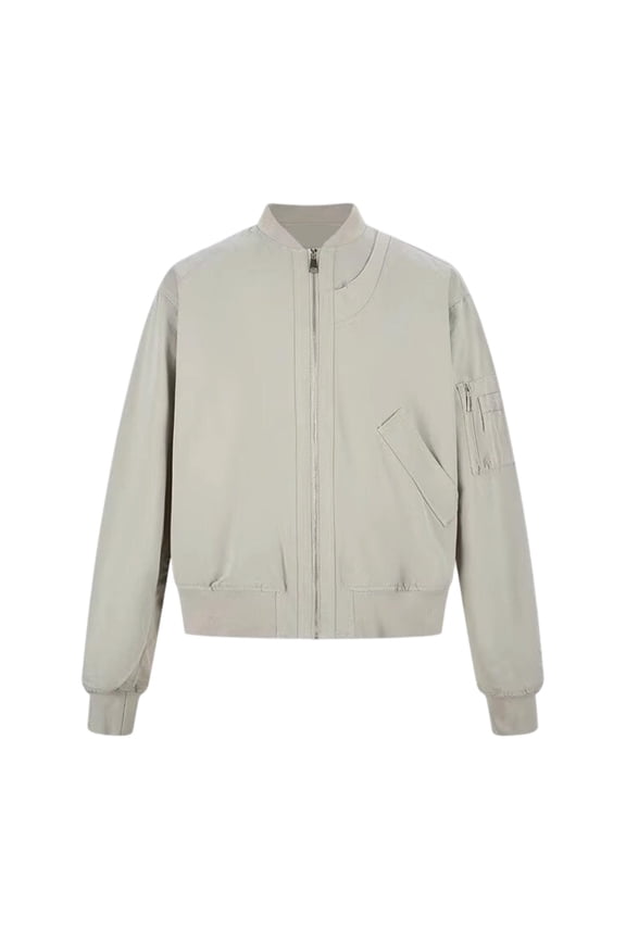 Men's Lightweight Bomber Jacket Ribbed Baseball Collar Side Arm Zipper Pocket Zip Up Casual Outerwear for Daily Street Commute Outfits Beige M