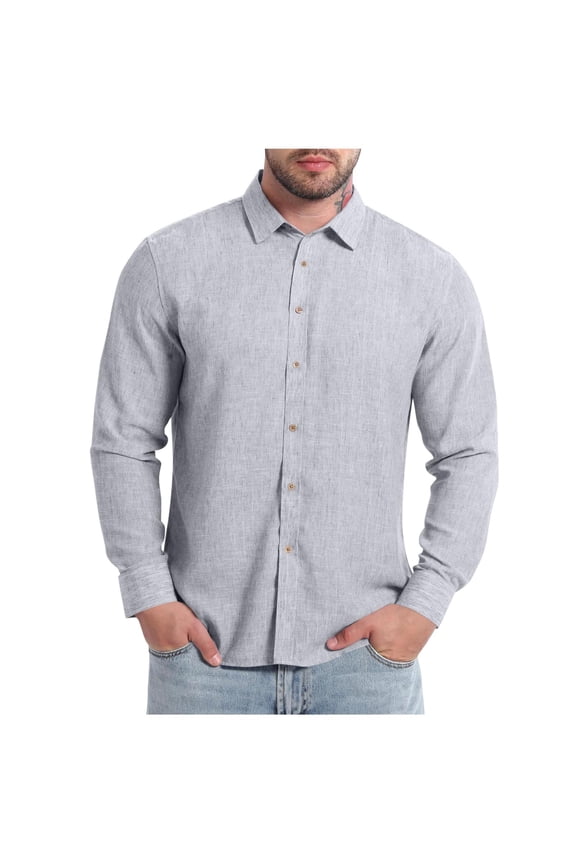 Men's Linen Casual Bottom Down Shirts Long Sleeve Classic Business Shirt Vintage Dress Beach Vacation Fall Tops Silver XS