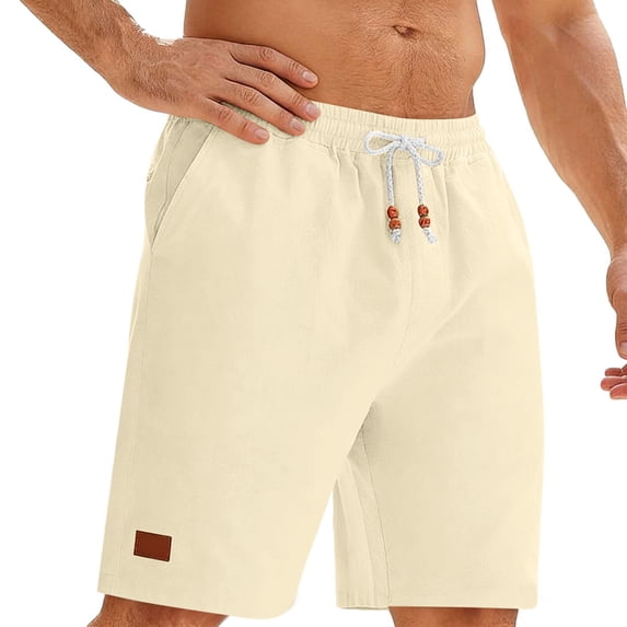LMOIPLI Men's Linen Casual Shorts Elastic Drawstring Waist Summer Shorts with Pockets Lightweight Breathable Beach Shorts for Men Beige S