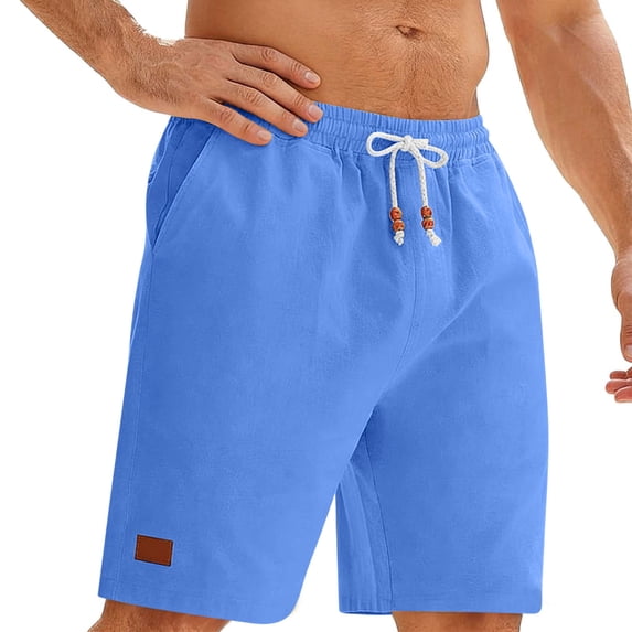 LMOIPLI Men's Linen Casual Shorts Elastic Drawstring Waist Summer Shorts with Pockets Lightweight Breathable Beach Shorts for Men Blue XXL