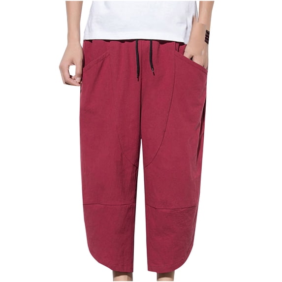 LMOIPLI Men's Linen Harem Capri Pants Lightweight Elastic Waist Wide Leg Cropped Trousers Casual Loose Beach Capris Red XXXXL