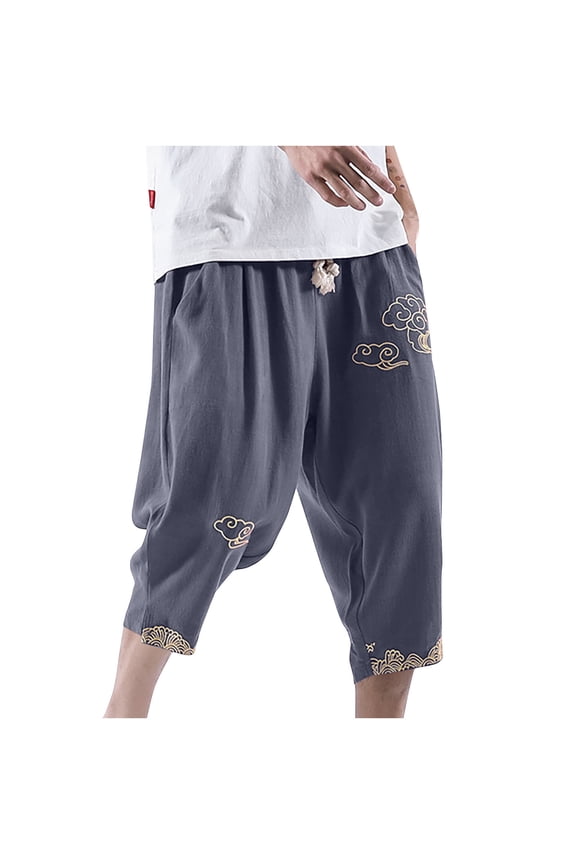 Men's Linen Harem Capri Pants Loose Fit Cropped Trouser Drawstring Elastic Waist Casual Summer Beach Yoga Trousers Gray L