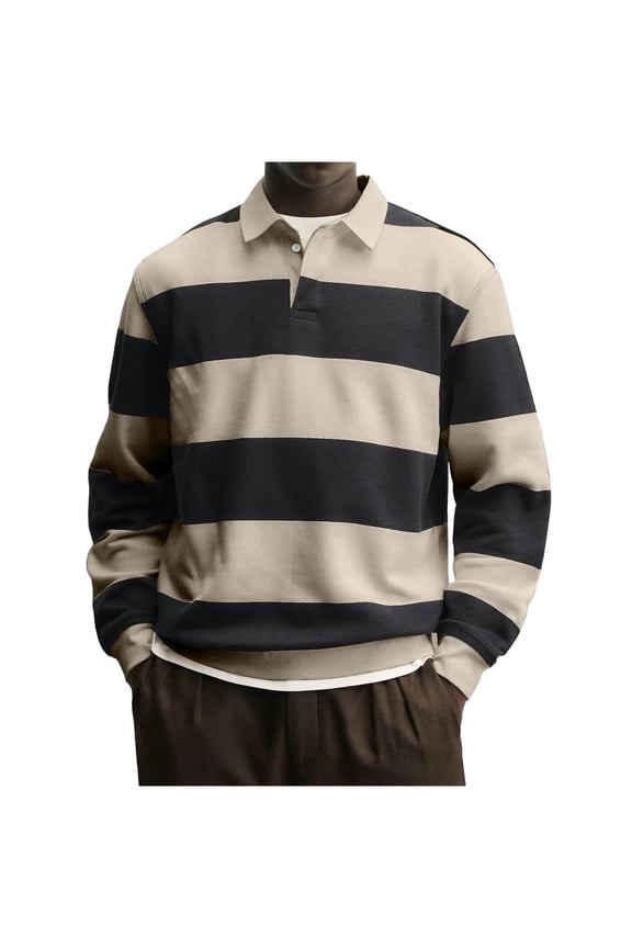 Men's Long Sleeve Rugby Shirt Striped Button Down Collared Top Casual Business Performance Golf Work Shirt Beige XL