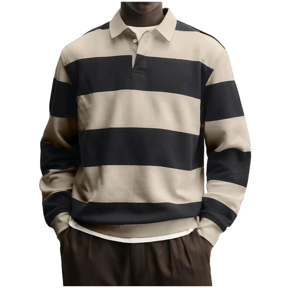 LMOIPLI Men's Long Sleeve Rugby Shirt Striped Button Down Collared Top Casual Business Performance Golf Work Shirt Beige XXXL