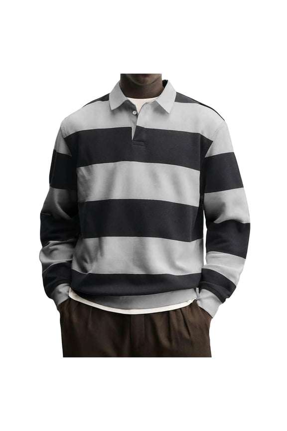 Men's Long Sleeve Rugby Shirt Striped Button Down Collared Top Casual Business Performance Golf Work Shirt Gray XL