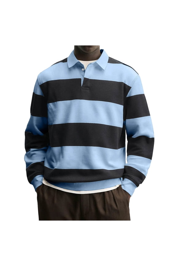 Men's Long Sleeve Rugby Shirt Striped Button Down Collared Top Casual Business Performance Golf Work Shirt Light Blue XL