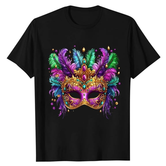 LMOIPLI Men's Mardi Gras Shirt Festival Mask Print Tops for Casual Daily Wear Short Sleeve Crewneck Summer Tee Plus Size Black M