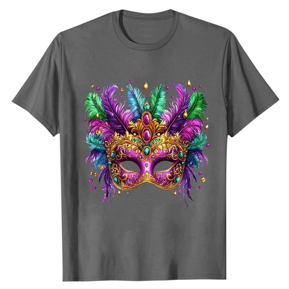 LMOIPLI Men's Mardi Gras Shirt Festival Mask Print Tops for Casual Daily Wear Short Sleeve Crewneck Summer Tee Plus Size Dark Gray M