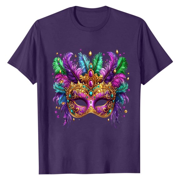 LMOIPLI Men's Mardi Gras Shirt Festival Mask Print Tops for Casual Daily Wear Short Sleeve Crewneck Summer Tee Plus Size Purple XL