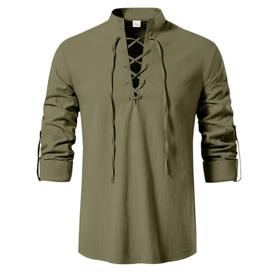 LMOIPLI Men's Medieval Lace-Up Linen Shirt Long Sleeve Stand Collar Renaissance Top Breathable Casual Tunic for Festival Daily Wear Army Green L