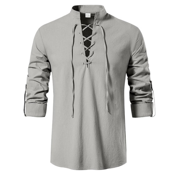 LMOIPLI Men's Medieval Lace-Up Linen Shirt Long Sleeve Stand Collar Renaissance Top Breathable Casual Tunic for Festival Daily Wear Gray L